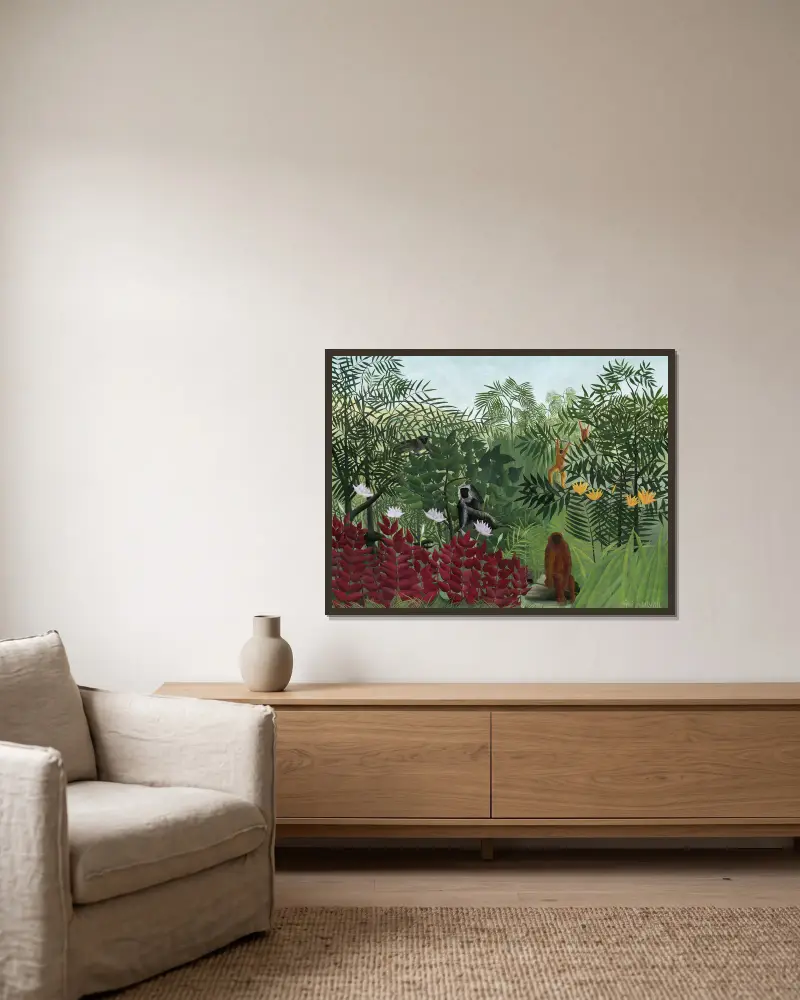 Tropical Forest with Monkeys av Henri Rousseau inramad på en vägg