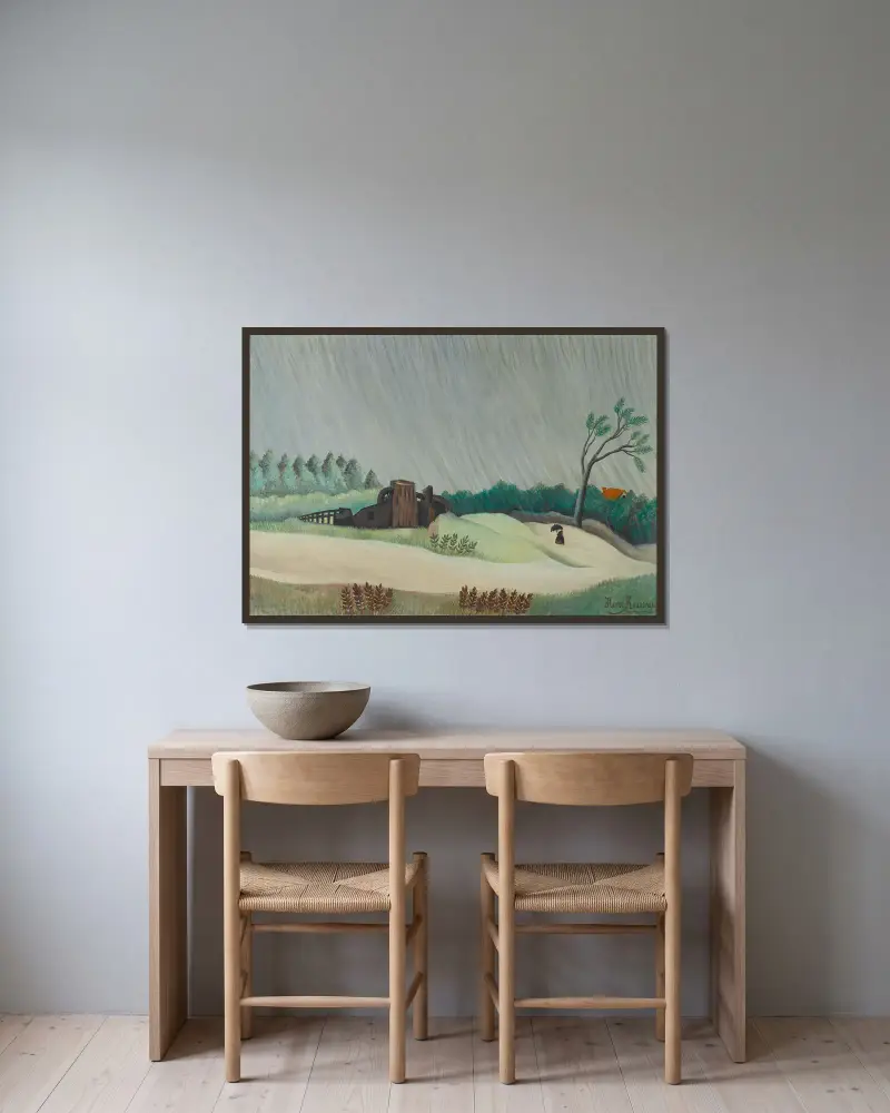 Un matin de pluie – nr 1 av Henri Rousseau inramad på en vägg