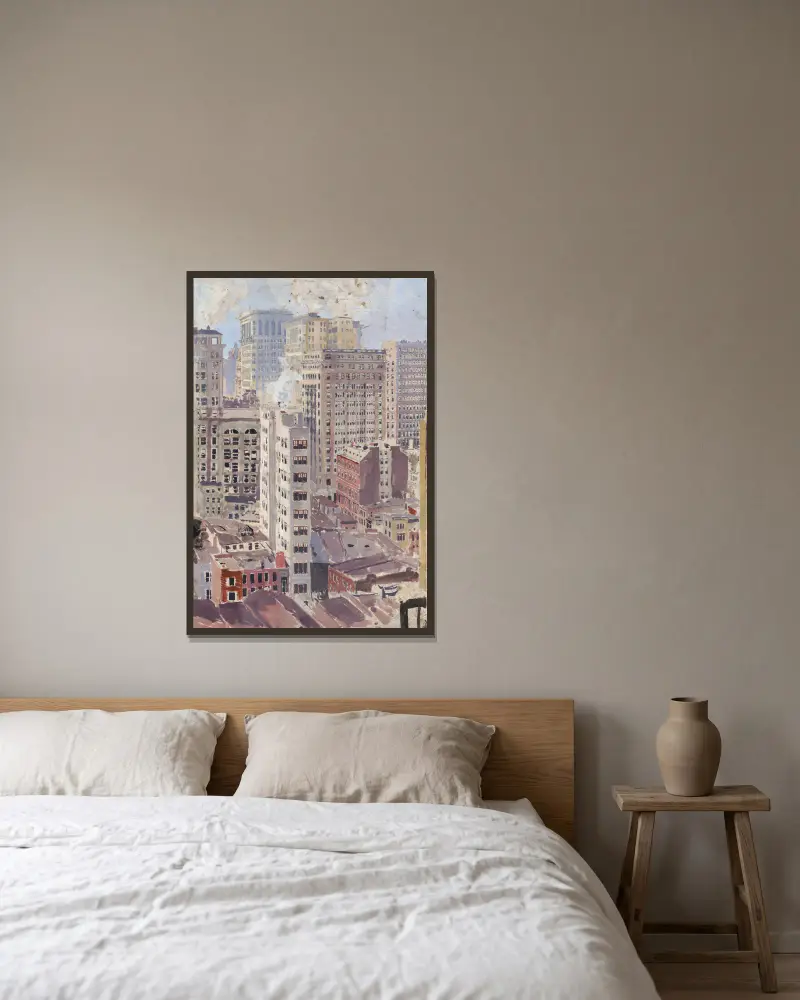 Wolkenkratzer der Stadt von Otto Henry Bacher gerahmt an einer Wand