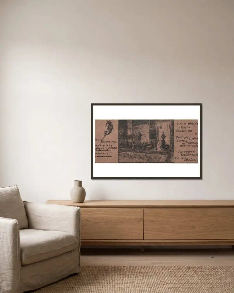 Ausstellungseinladung von Otto Henry Bacher gerahmt an einer Wand