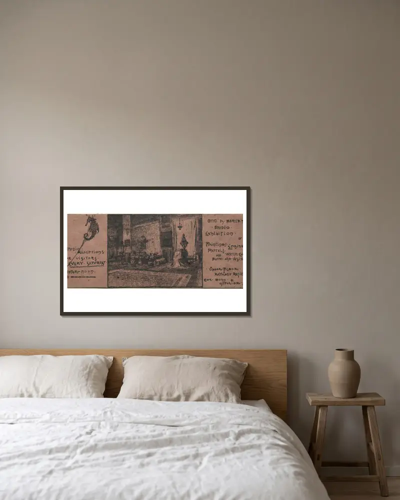 Ausstellungseinladung von Otto Henry Bacher gerahmt an einer Wand