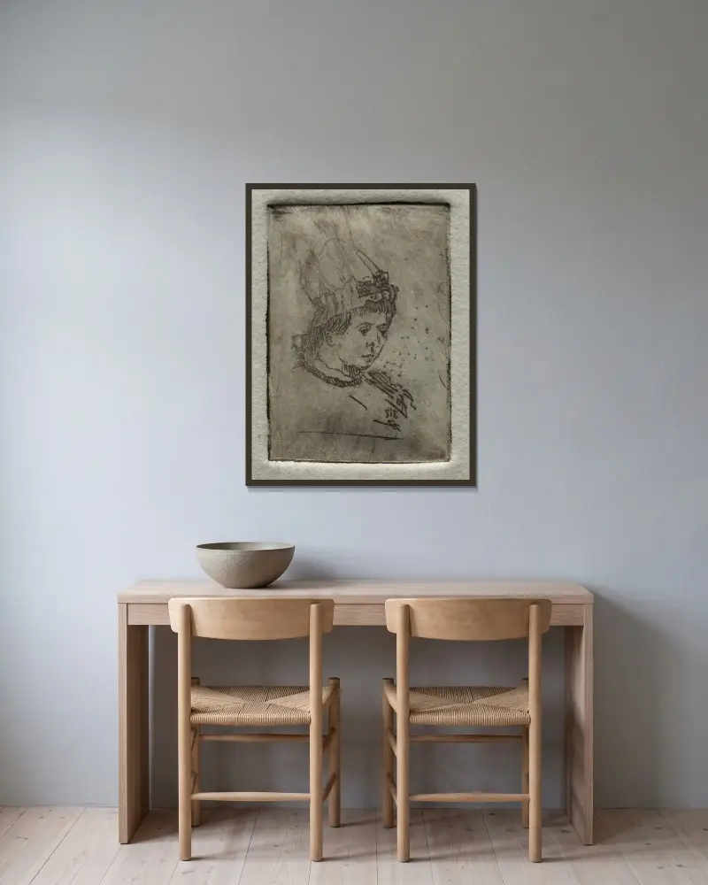 Malá hlava s čepcem, Otto Henry Bacher v rámu na stěně