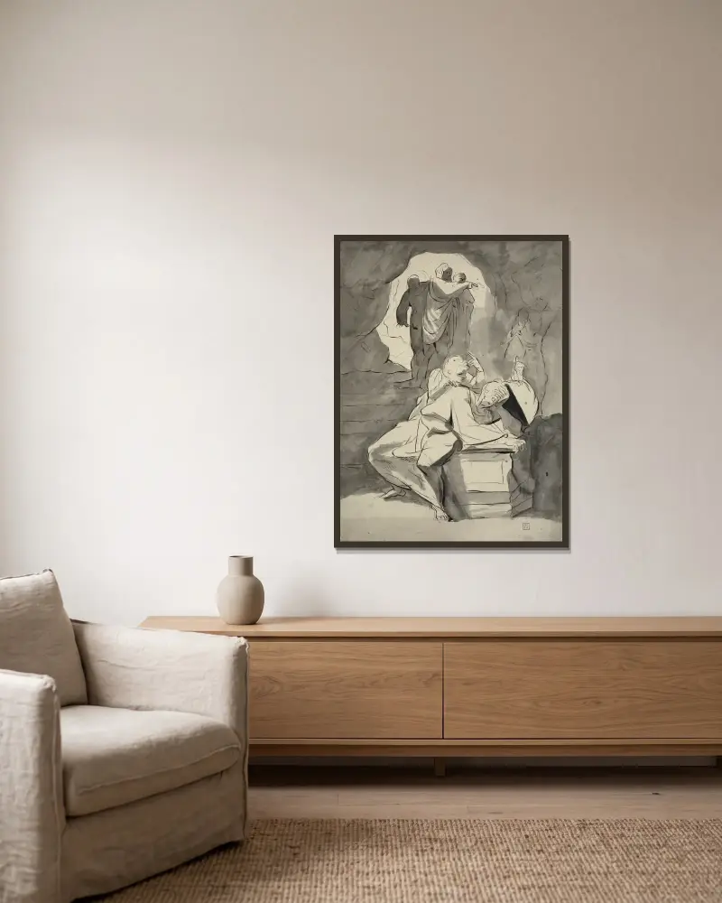 En man i förtvivlan vid en gravsten i en grotta med andra figurer av Henry Fuseli inramad på en vägg
