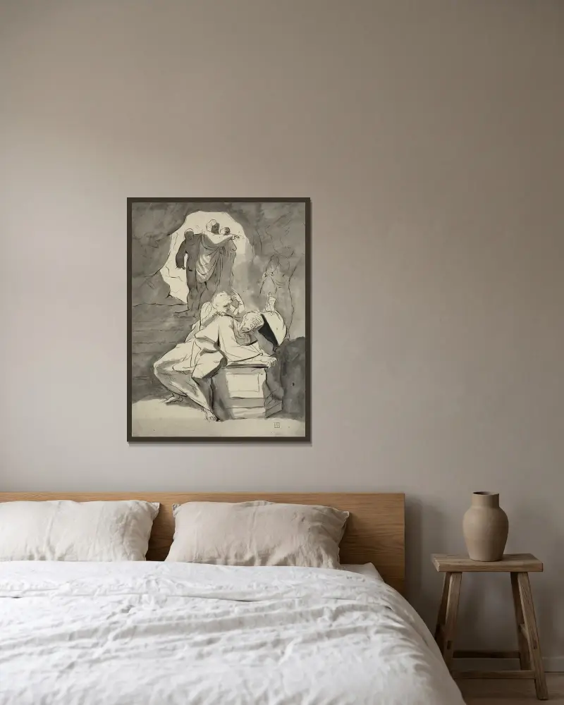 En man i förtvivlan vid en gravsten i en grotta med andra figurer av Henry Fuseli inramad på en vägg