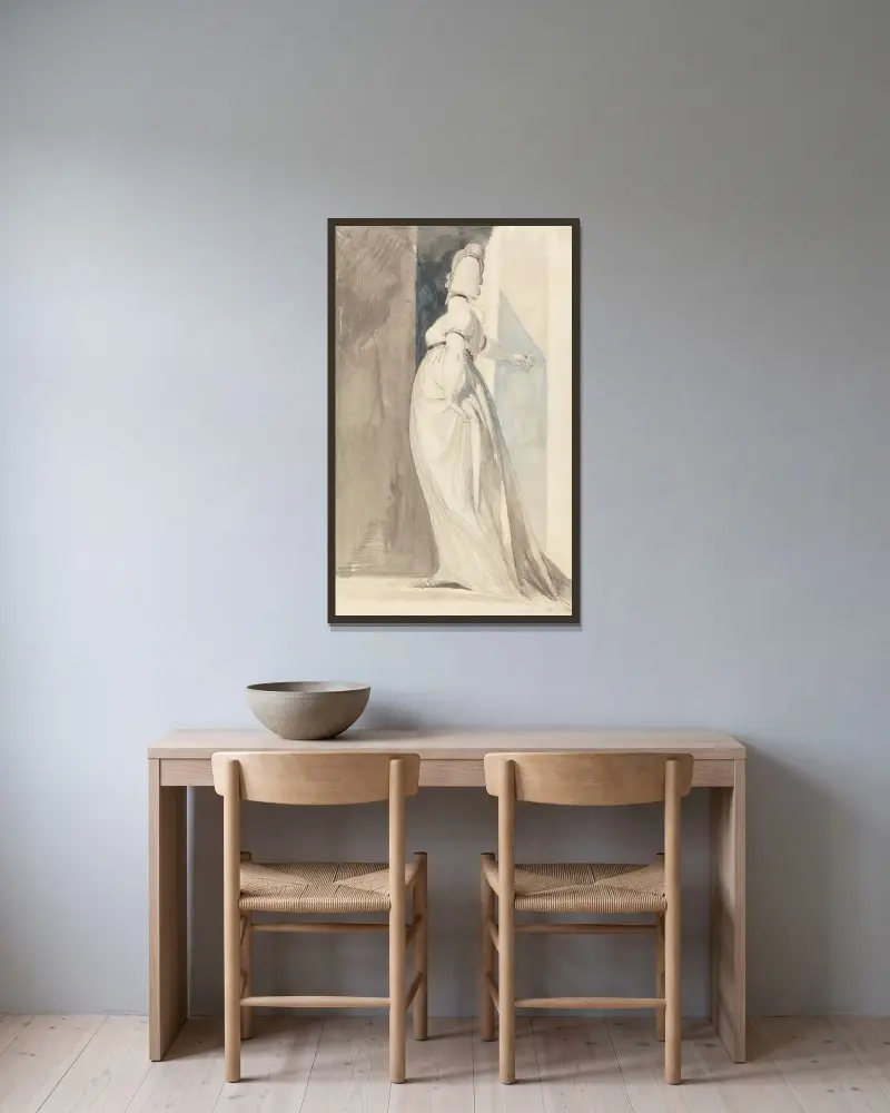 Ryggvy av stående kvinna, kallad Mrs. Fuseli av Henry Fuseli inramad på en vägg