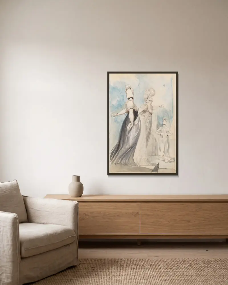 Tre promenerande damer av Henry Fuseli inramad på en vägg