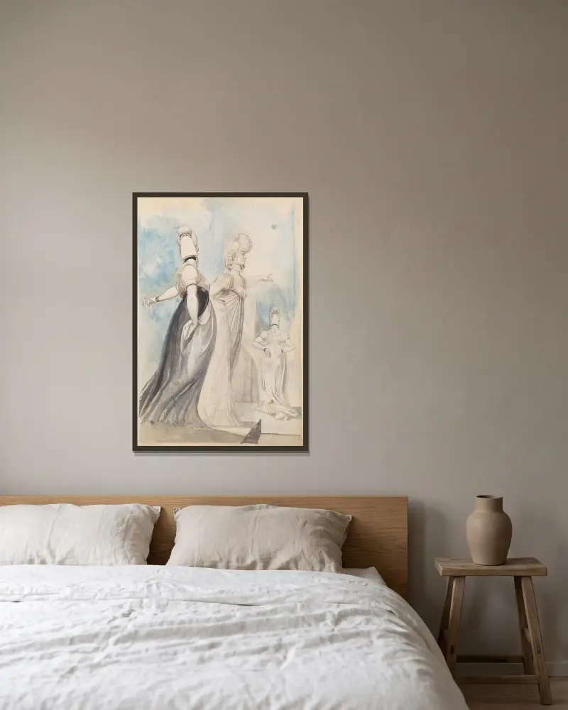 Tre promenerande damer av Henry Fuseli inramad på en vägg