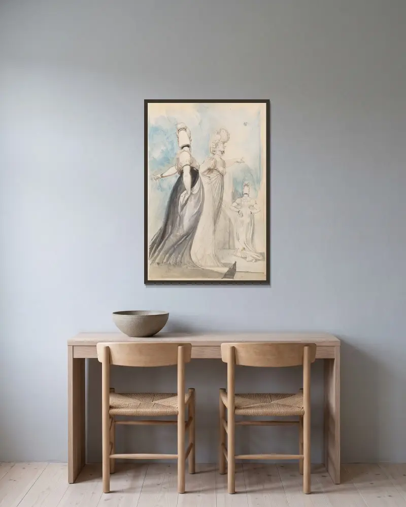 Tre promenerande damer av Henry Fuseli inramad på en vägg