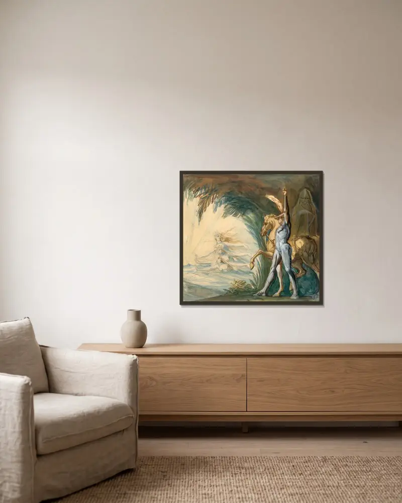 Hagen och Donaus nymfer av Henry Fuseli inramad på en vägg