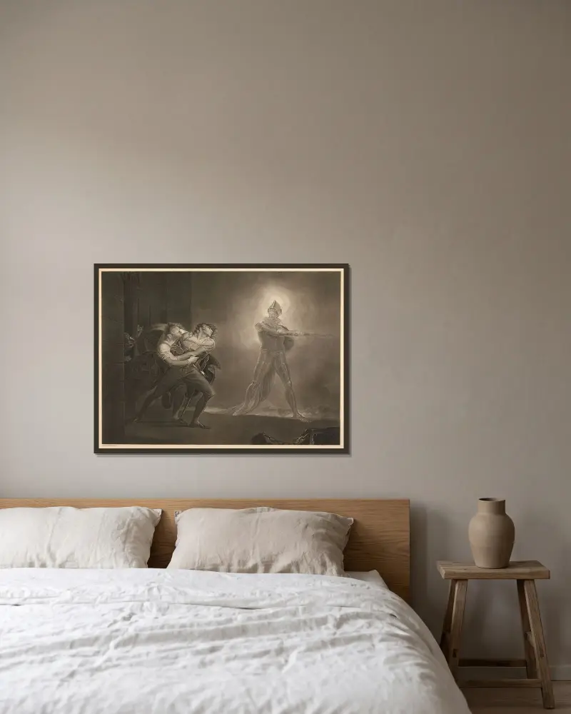 Hamlet, prins av Danmark; akt I, scen IV, plattformen framför slottet i Helsingör – Hamlet, Horatio, Marcellus och vålnaden av Henry Fuseli inramad på en vägg