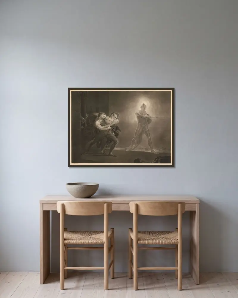 Hamlet, prins av Danmark; akt I, scen IV, plattformen framför slottet i Helsingör – Hamlet, Horatio, Marcellus och vålnaden av Henry Fuseli inramad på en vägg