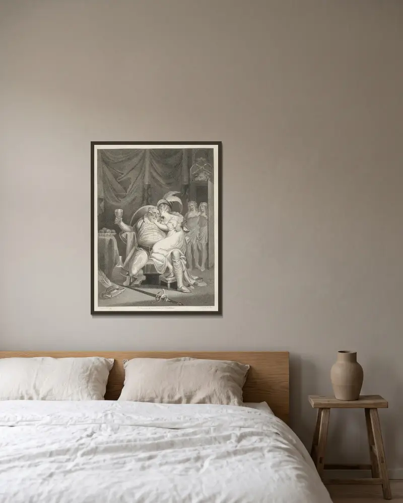 Heinrich IV., Zweiter Teil, Zweiter Aufzug, Vierte Szene. „Doll Tearsheet, Falstaff, Henry & Poins“ von Henry Fuseli gerahmt an einer Wand