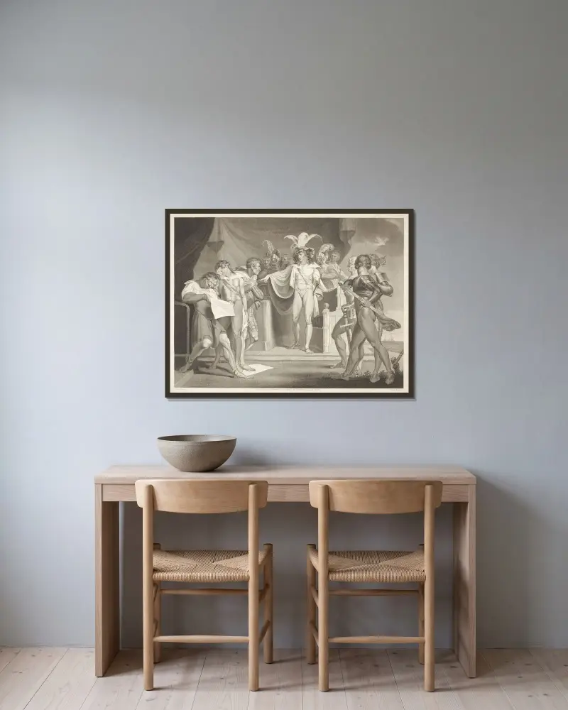 Henrik V; akt II, scen ii, Southampton. Kungen, Scroop m.fl. av Henry Fuseli inramad på en vägg