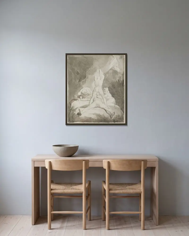 Hefaistos, Bia och Krato fängslar Prometheus på Kaukasus av Henry Fuseli inramad på en vägg