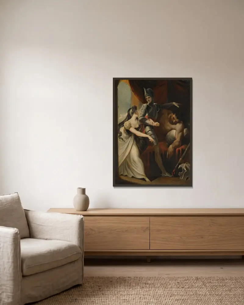 Hüon räddar Angela från jätten Angulaffer, ur Wielands Oberon av Henry Fuseli inramad på en vägg