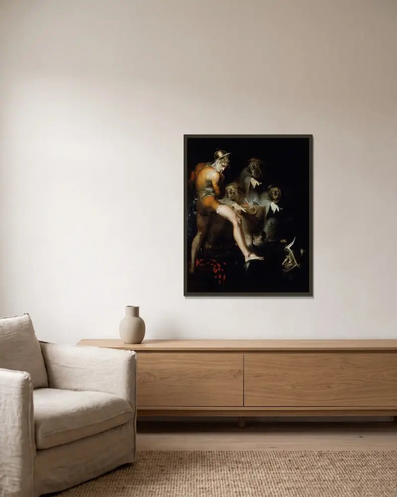 Macbeth rådgör med den väpnade skallen av Henry Fuseli inramad på en vägg