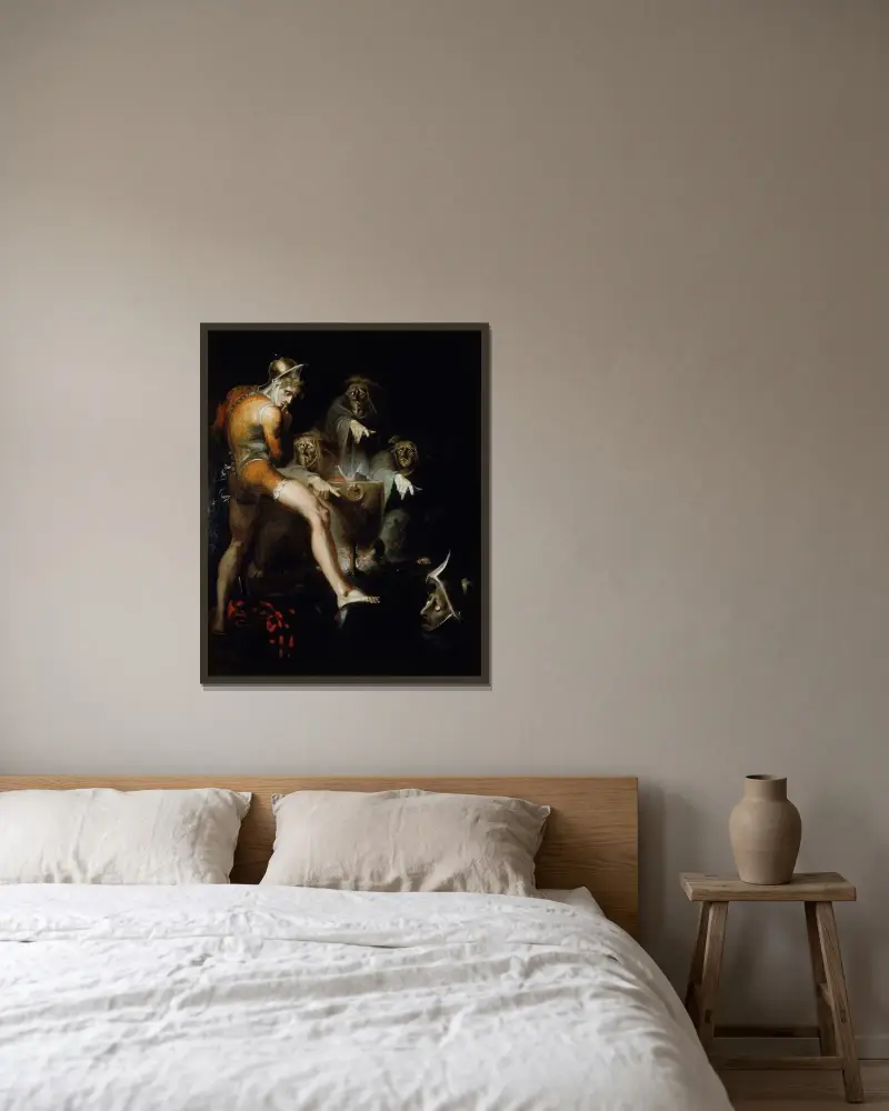 Macbeth rådgör med den väpnade skallen av Henry Fuseli inramad på en vägg