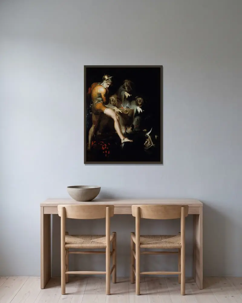 Macbeth rådgör med den väpnade skallen av Henry Fuseli inramad på en vägg