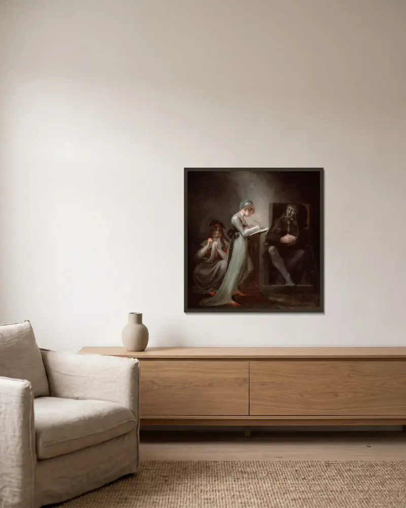 Milton dikterar för sin dotter av Henry Fuseli inramad på en vägg
