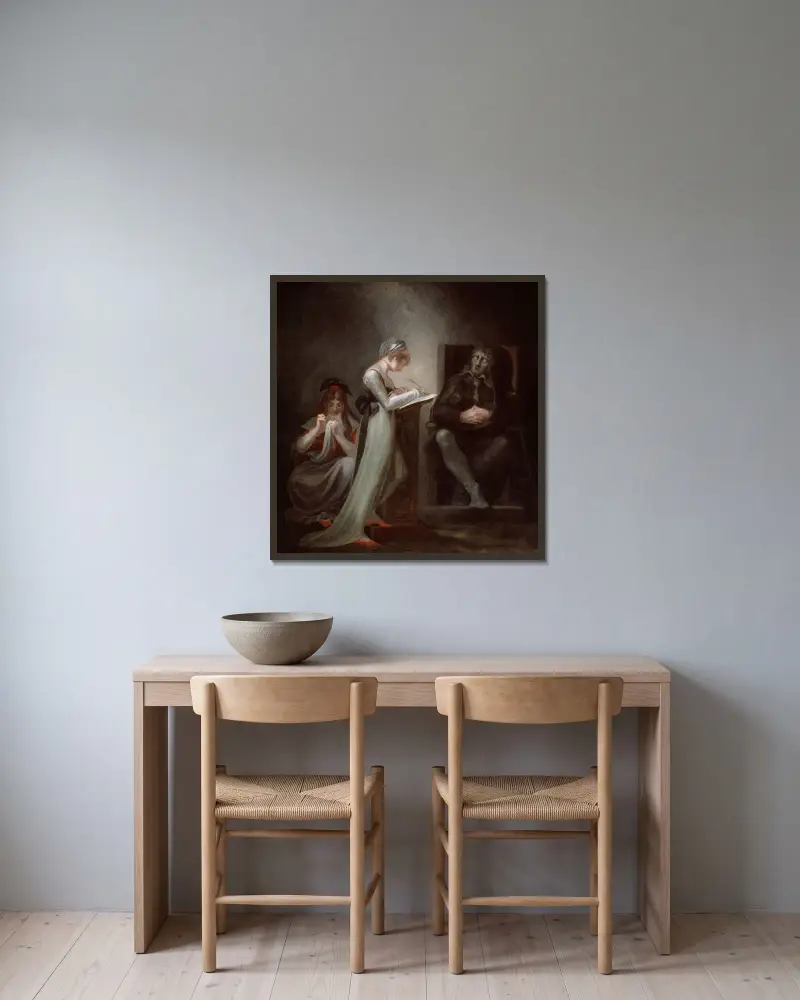 Milton dikterar för sin dotter av Henry Fuseli inramad på en vägg