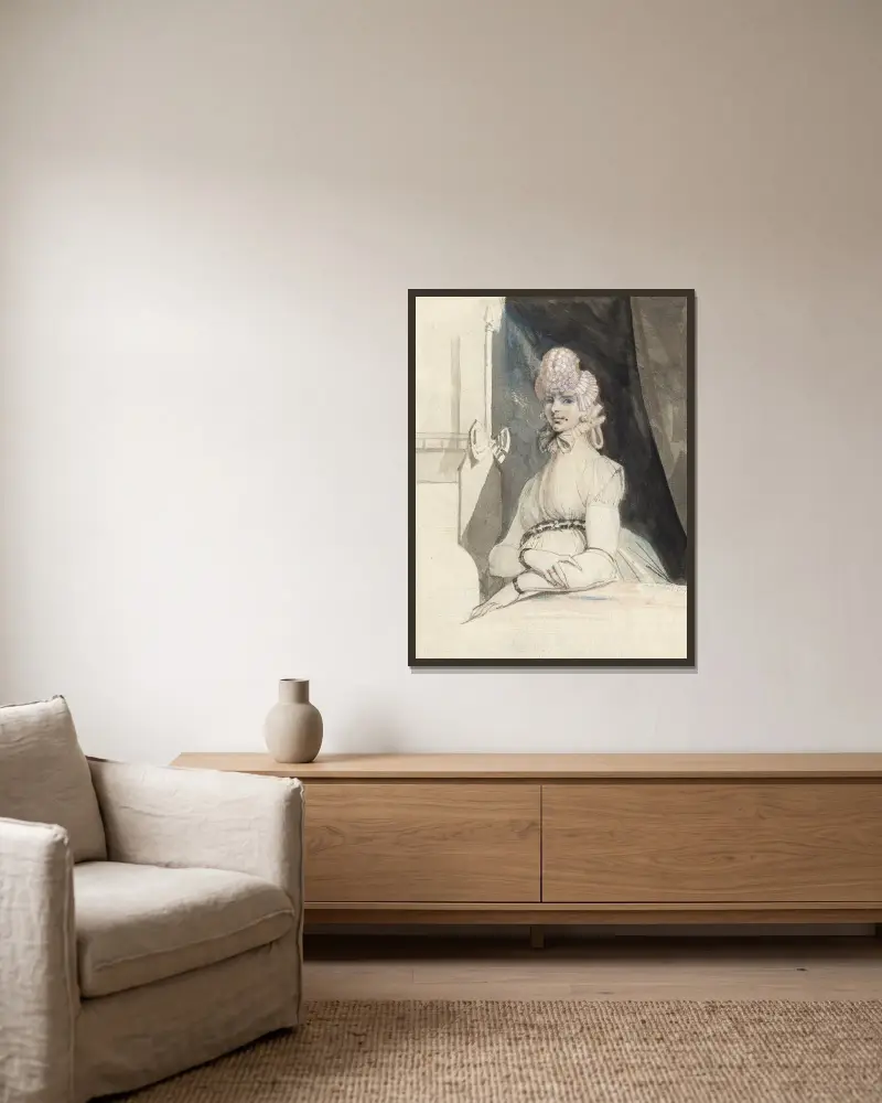 Mrs. Fuseli, an einem Tisch vor Nische mit Vorhang av Henry Fuseli inramad på en vägg