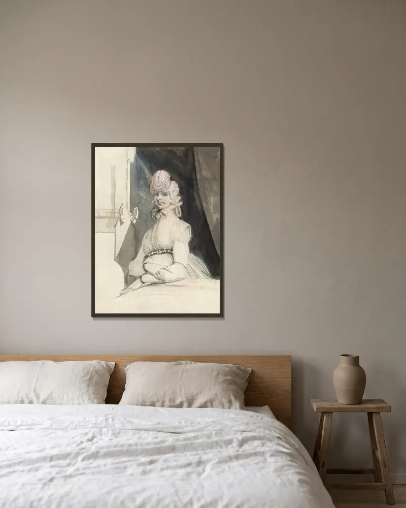 Mrs. Fuseli, an einem Tisch vor Nische mit Vorhang av Henry Fuseli inramad på en vägg