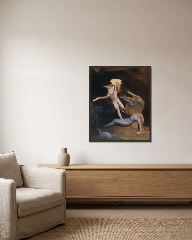 Perseus lämnar gorgonernas grotta av Henry Fuseli inramad på en vägg
