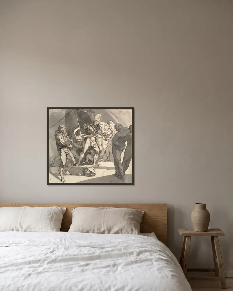 Richard Plantagenet kastar hertigen av Somersets avhuggna huvud för sin fars fötter. Illustration till Shakespeares Henrik VI, del 3, akt 1, rad 20 av Henry Fuseli inramad på en vägg
