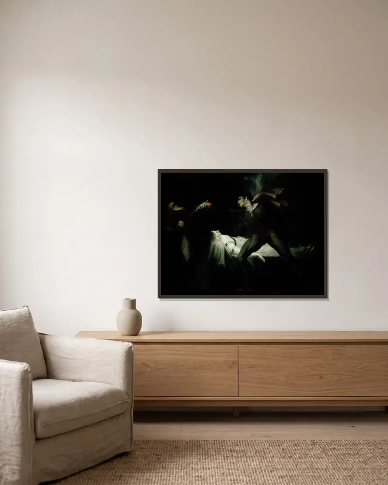 Romeo ersticht Paris an Julias Bahre von Henry Fuseli gerahmt an einer Wand