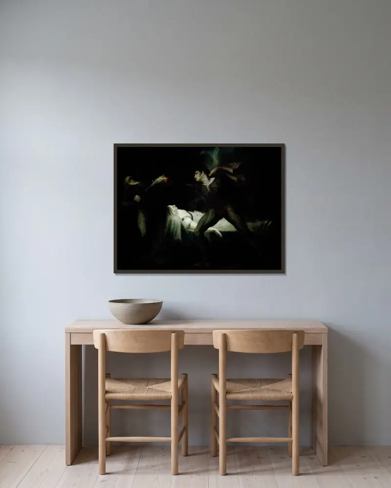 Romeo ersticht Paris an Julias Bahre von Henry Fuseli gerahmt an einer Wand