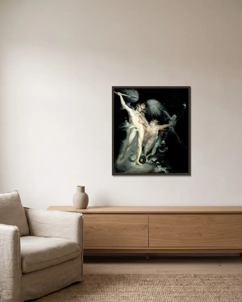 Satan und der Tod mit der dazwischen tretenden Sünde von Henry Fuseli gerahmt an einer Wand