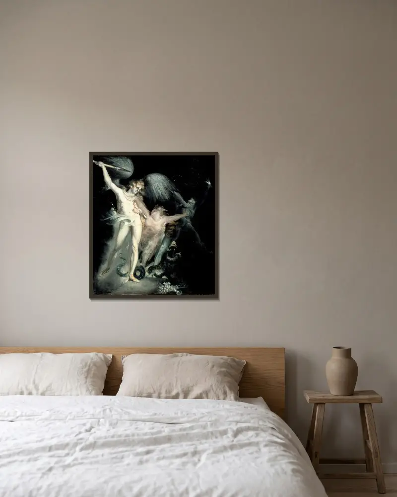 Satan und der Tod mit der dazwischen tretenden Sünde von Henry Fuseli gerahmt an einer Wand