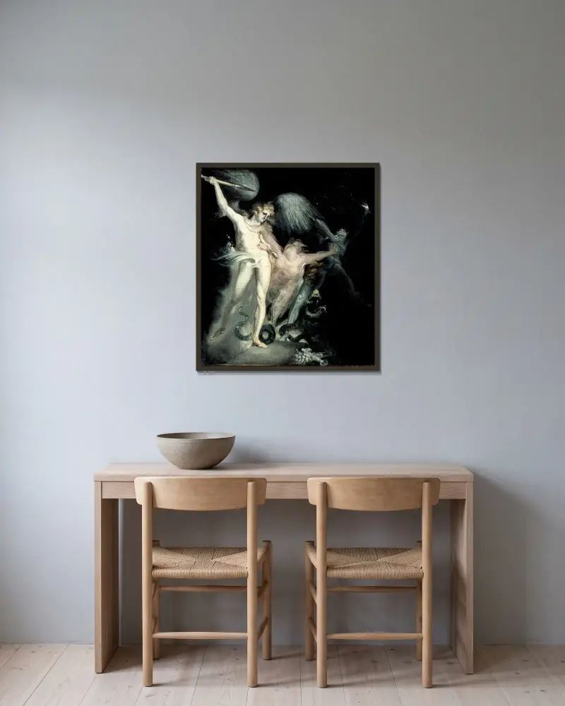 Satan und der Tod mit der dazwischen tretenden Sünde von Henry Fuseli gerahmt an einer Wand