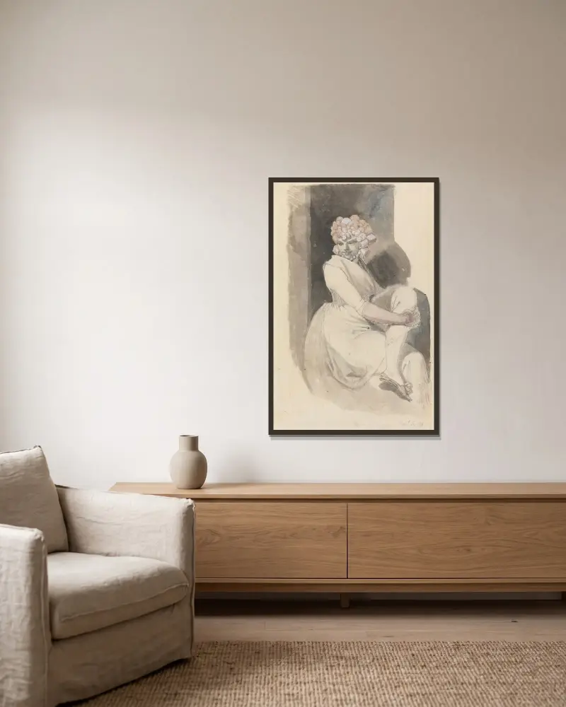 Studie av sittande kvinna av Henry Fuseli inramad på en vägg