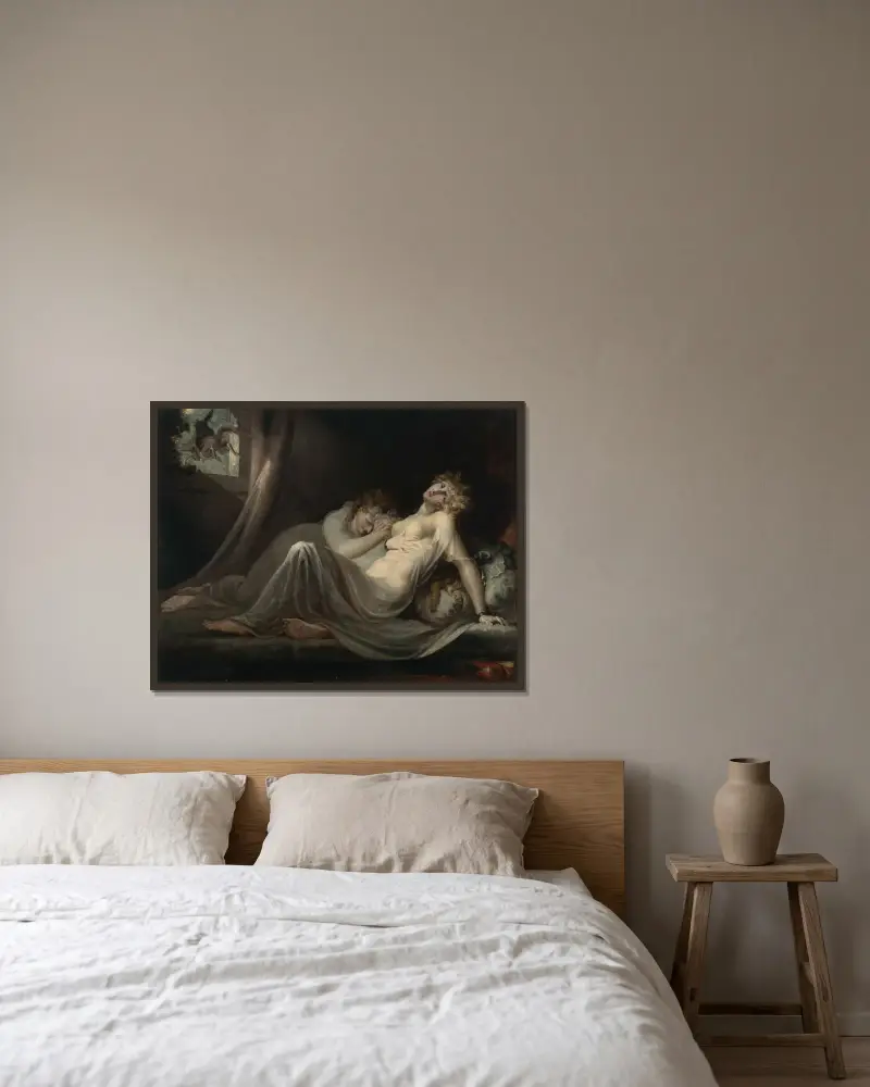 Mardrömmen som lämnar två unga kvinnor av Henry Fuseli inramad på en vägg