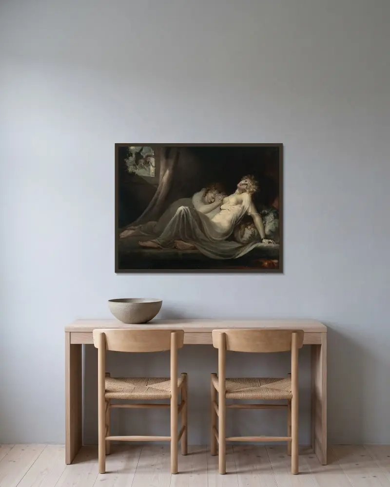 Mardrömmen som lämnar två unga kvinnor av Henry Fuseli inramad på en vägg
