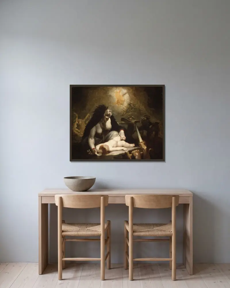Nattmaran besöker lappländska häxor av Henry Fuseli inramad på en vägg