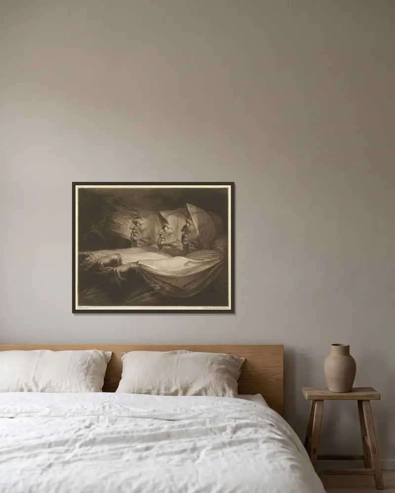 De tre häxorna av Henry Fuseli inramad på en vägg