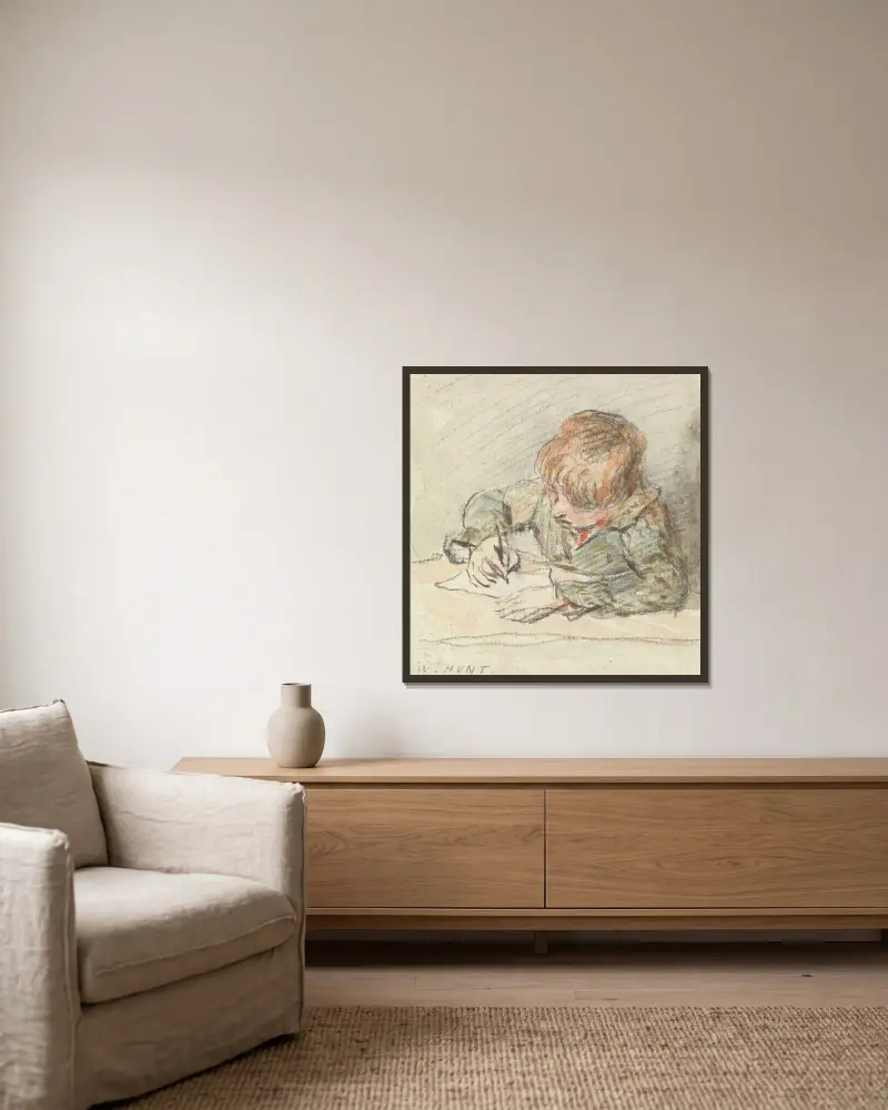 Ein schreibender Junge von William Henry Hunt gerahmt an einer Wand