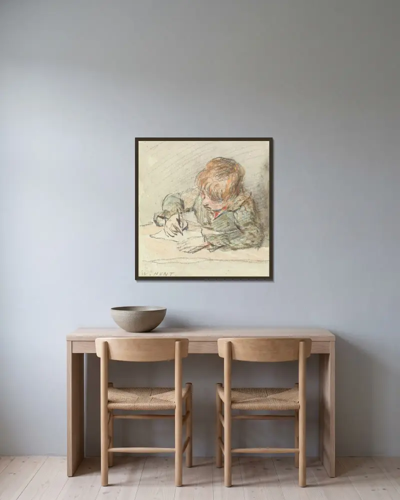 Ein schreibender Junge von William Henry Hunt gerahmt an einer Wand