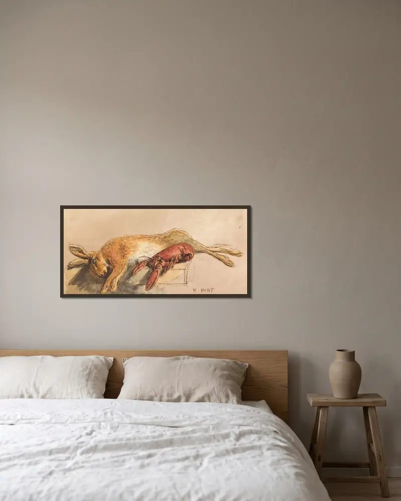 Ein toter Hase und ein gekochter Hummer auf einer Bank von William Henry Hunt gerahmt an einer Wand