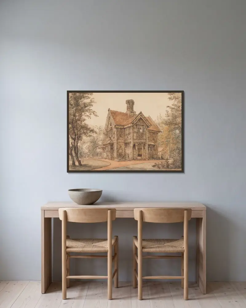Ein Landhaus in Cassiobury von William Henry Hunt gerahmt an einer Wand