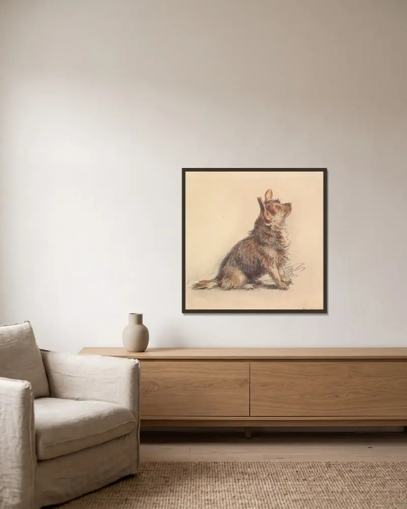 A Terrier Sitting, Looking Up to Right av William Henry Hunt inramad på en vägg