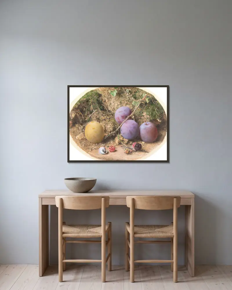 Pflaumen und Maulbeeren von William Henry Hunt gerahmt an einer Wand