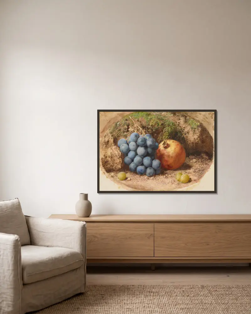 Still Life with Grapes and a Pomegranate av William Henry Hunt inramad på en vägg