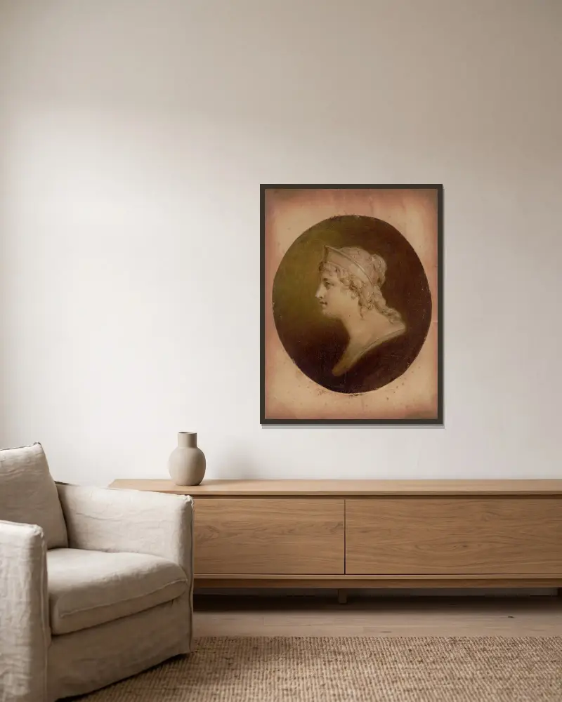 Original study in oil of head of Columbia designed for U.S. coins av Henry Inman inramad på en vägg