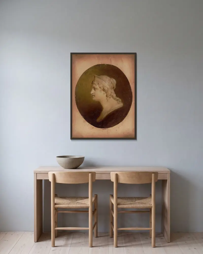 Original study in oil of head of Columbia designed for U.S. coins av Henry Inman inramad på en vägg