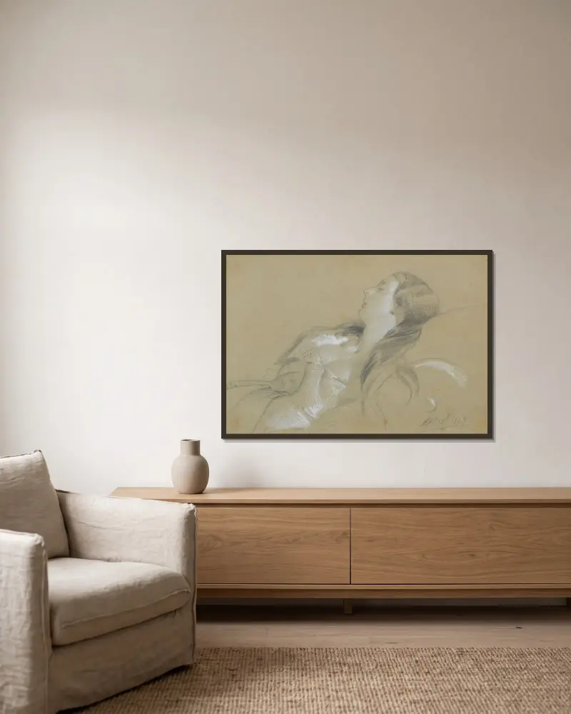 Skiss av en sovande dam av Sir Edwin Henry Landseer inramad på en vägg
