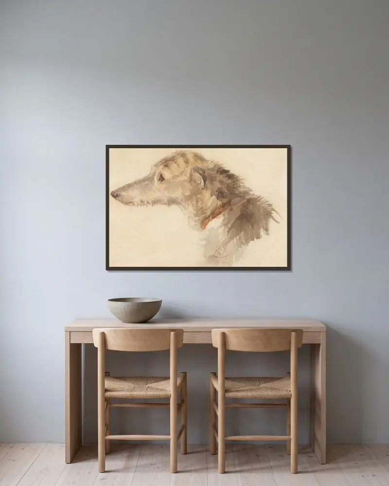 Ein irischer Wolfshund von Sir Edwin Henry Landseer gerahmt an einer Wand