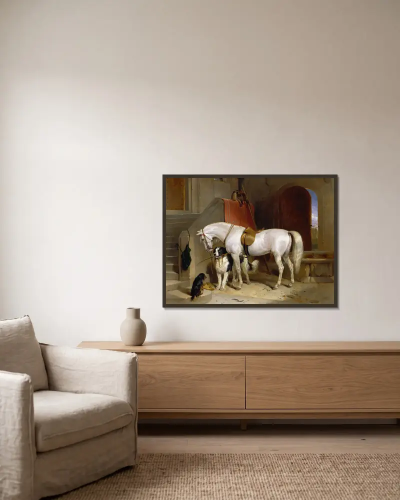 Favourites, the Property of H.R.H. Prince George of Cambridge av Sir Edwin Henry Landseer inramad på en vägg